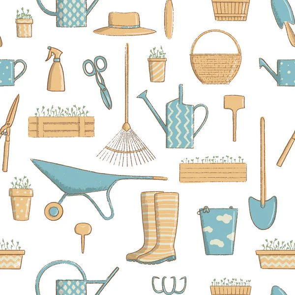 Набор иконок для безseamless pattern с видом сбоку. Коллекция полезных инструментов садоводства лопаты, шляпы и т.д. . — стоковый вектор