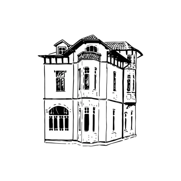 Maison ancienne, villa, manoir, chalet - Illustration vintage, silhouette de bâtiment en brique illustration dessinée à la main. Croquis du stylo encre — Image vectorielle