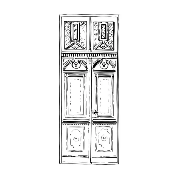 Una silueta de doble puerta de madera vintage envejecida. ilustración dibujada a mano. Tinta pluma bosquejo estilo — Vector de stock