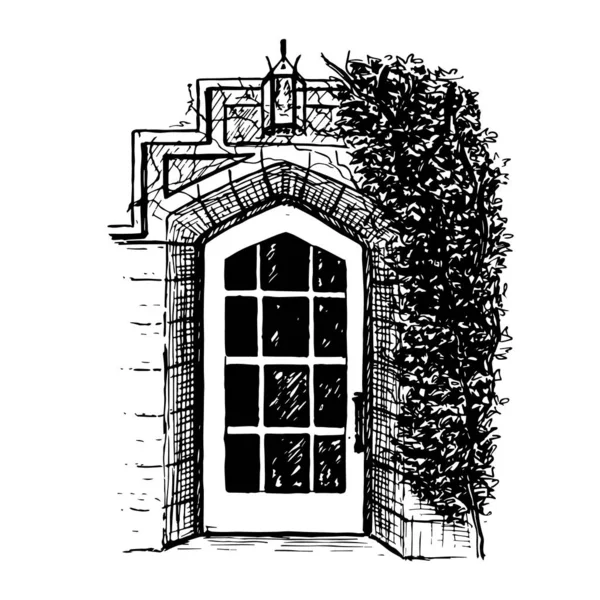 Una porta vintage arcuata intemperie silhouette in stile francese. lampada, albero, muro di mattoni. illustrazione disegnata a mano. Penna a inchiostro — Vettoriale Stock