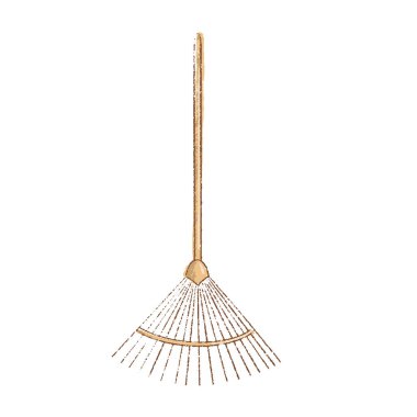 Beyaz arka planda bahçe tırmığı, el çizimi bahçe aletleri, bahar hobisi, sağlıklı yaşam tarzı, vektör illüstrasyonu.