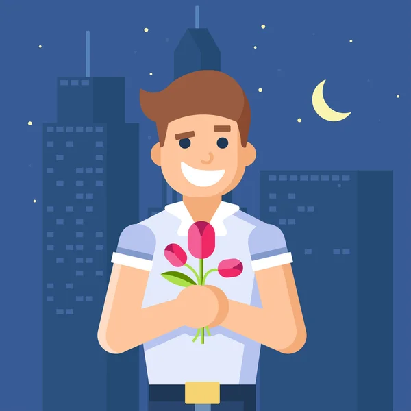 Illustration vectorielle moderne isolée d'un homme macho tenant des fleurs . — Image vectorielle