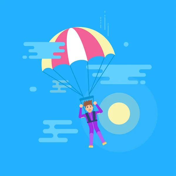 Ilustración vectorial moderna aislada del joven que vuela con un paracaídas . — Vector de stock