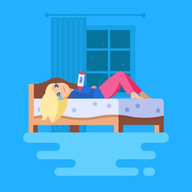 A girl lying in bed with a thermometer and crying. clipart
