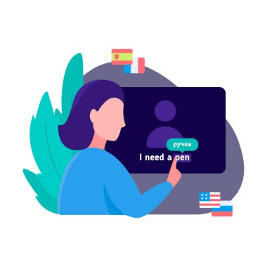 Modern bir çevirmen mesleği kavramı. Dilbilimci ekranda oturur ve İngilizce kelimeleri tıklatır. Rusça 'ya çeviriyor.