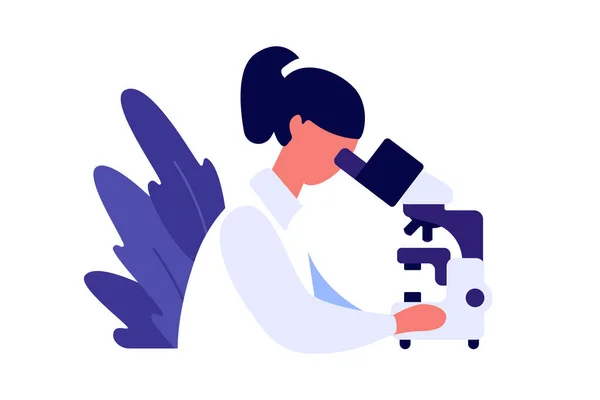 Female scientist studying something with a microscope. — Stock Vector