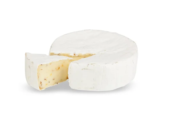 Fresh brie cheese with white mold on a white background — Stock Photo, Image