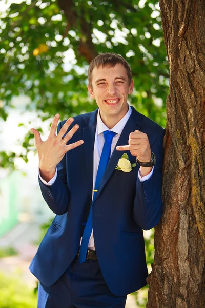 Bridegroom with veil smiling — Stock Photo, Image