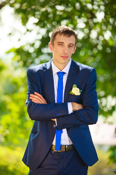 Bridegroom with veil smiling — Stock Photo, Image