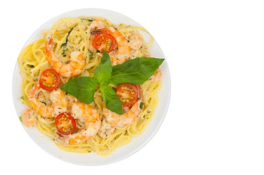 delicious delicious spaghetti with shrimps and basil  clipart