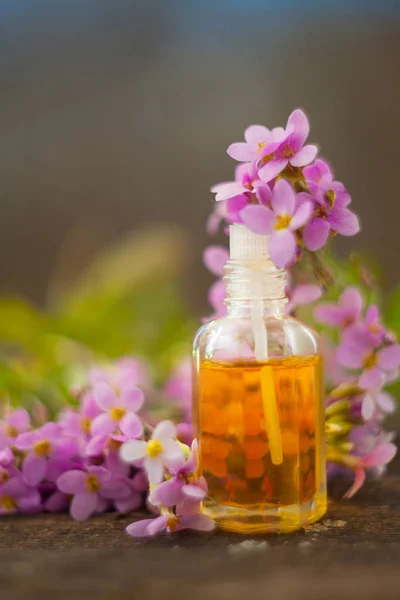 El óleo etérico de la flor arábiga sobre la mesa en la botella hermosa — Foto de Stock