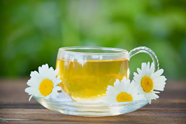 Copa de cristal con té verde en la mesa — Foto de Stock