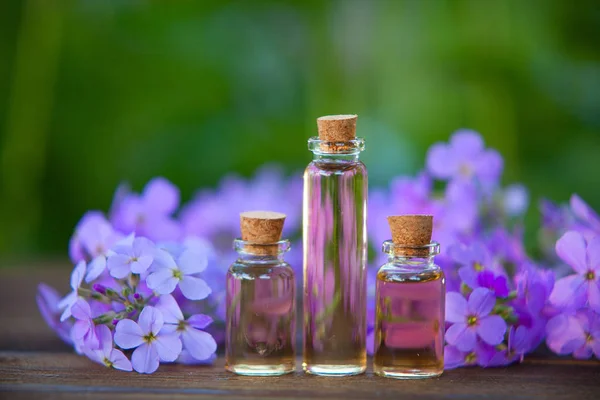 Esencia de flores en la mesa en un hermoso frasco de vidrio — Foto de Stock