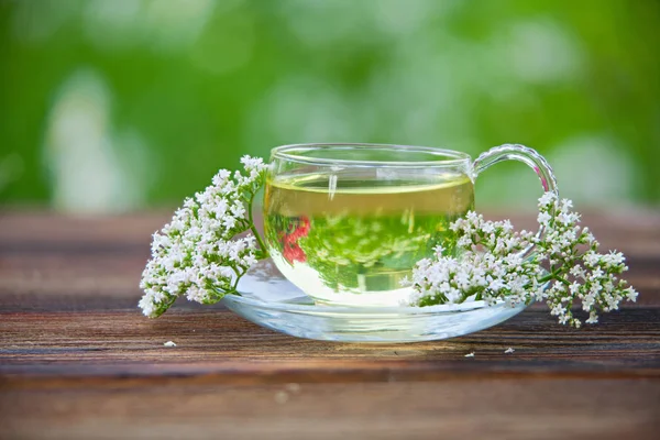 Kristály csésze zöld tea az asztalon — Stock Fotó