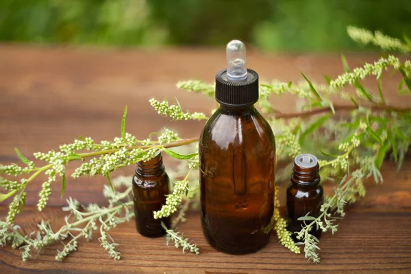 Esencia de flores de lavanda en la mesa en una hermosa botella de vidrio — Foto de Stock