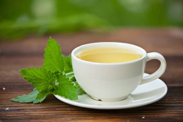 Taza de porcelana con té verde en la mesa — Foto de Stock