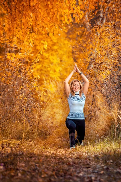 Femeie frumoasă care face yoga în aer liber în toamnă — Fotografie, imagine de stoc