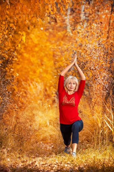 Bela mulher fazendo ioga ao ar livre no outono — Fotografia de Stock