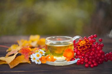 bir tabloda bir güzel cam kase lezzetli sonbahar çay