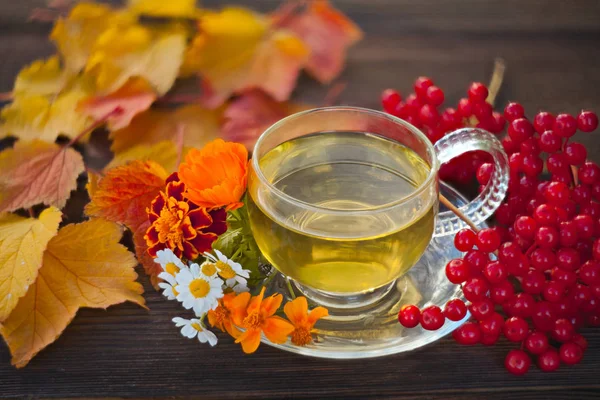 Delicioso té de otoño en un hermoso tazón de vidrio en una mesa — Foto de Stock