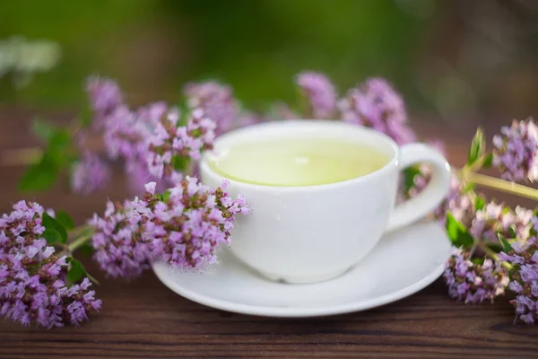 Delicioso té de orégano en un hermoso tazón de vidrio en la mesa — Foto de Stock