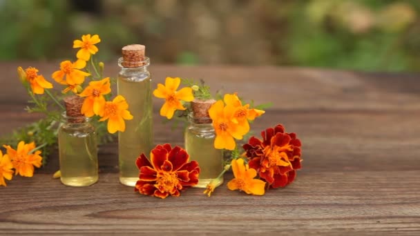 Ätherisches Ringelblumenöl in Flasche auf dem Tisch — Stockvideo