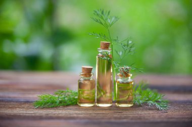dill essential oil in  beautiful bottle on table clipart