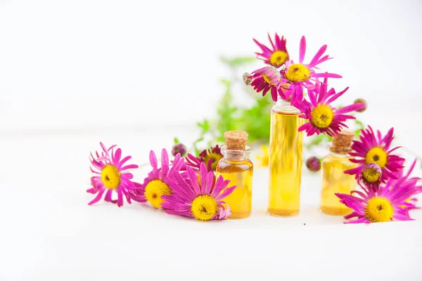 Aceite esencial de crisantemo en hermosa botella en respaldo blanco — Foto de Stock