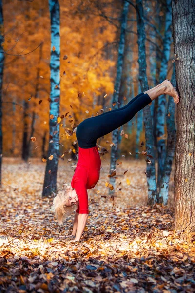 Bella donna che fa yoga all'aperto su foglie gialle — Foto Stock