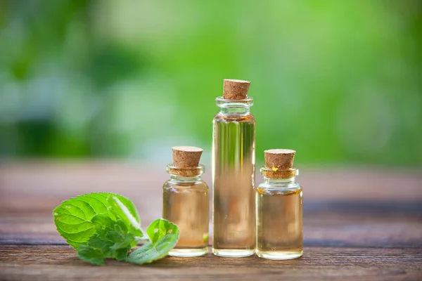 Aceite esencial de menta en una hermosa botella en la mesa — Foto de Stock