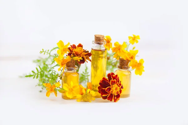 Aceite esencial de caléndula en hermosa botella sobre fondo blanco — Foto de Stock