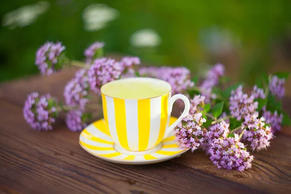 Delicioso té de orégano en un hermoso tazón de vidrio en la mesa — Foto de Stock