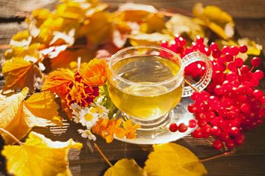 delicious autumn tea in a beautiful glass bowl on a table clipart