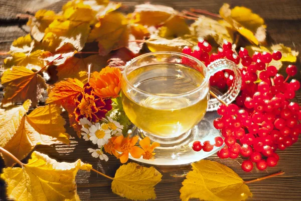 Delicioso té de otoño en un hermoso tazón de vidrio en una mesa — Foto de Stock
