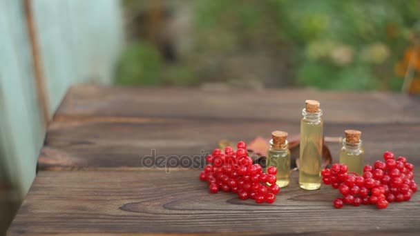Essence of Viburnum on table in beautiful  jar — Stock Video
