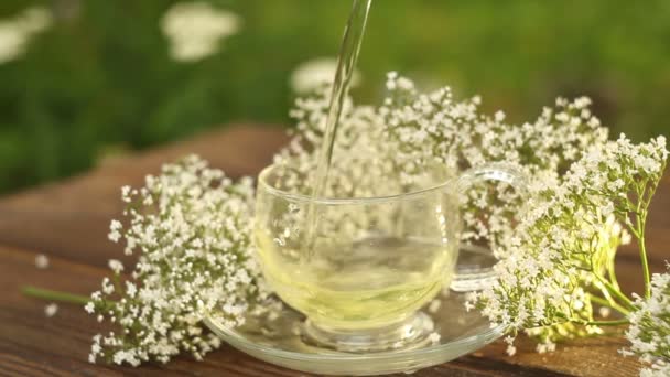 Kristallen beker met groene thee op tafel — Stockvideo