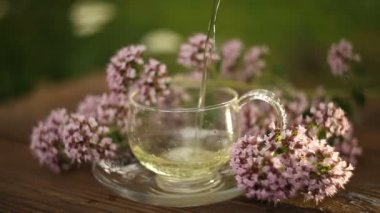 tablo üzerinde bir güzel cam kase lezzetli kekik çayı