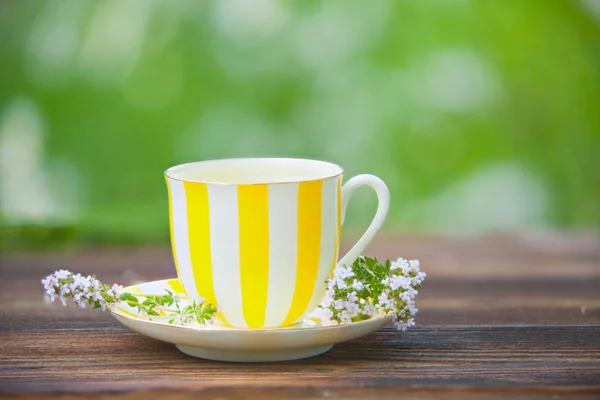 Taza de porcelana con té verde en la mesa — Foto de Stock