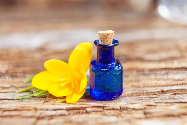 Aceite esencial de coco en una hermosa botella en la mesa — Foto de Stock