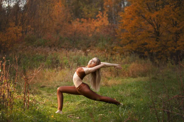 Bella ragazza che fa yoga in autunno — Foto Stock