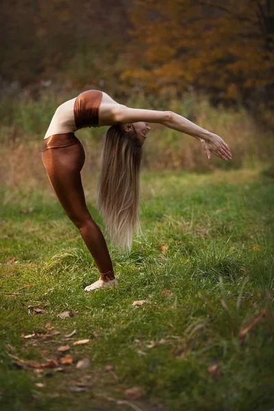 Bella ragazza che fa yoga in autunno — Foto Stock