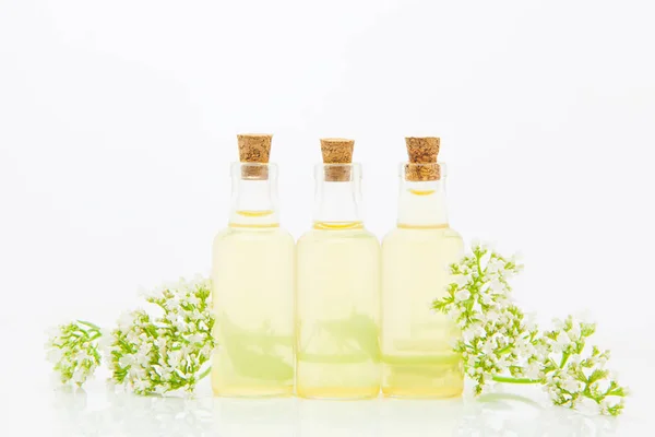 Esencia de flores en la mesa en un hermoso frasco de vidrio — Foto de Stock