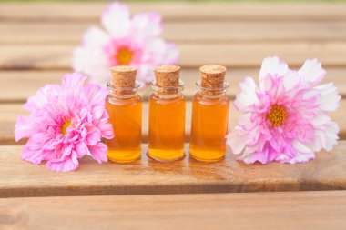 Çiçeklerin özü güzel bir cam şişede masanın üzerinde.