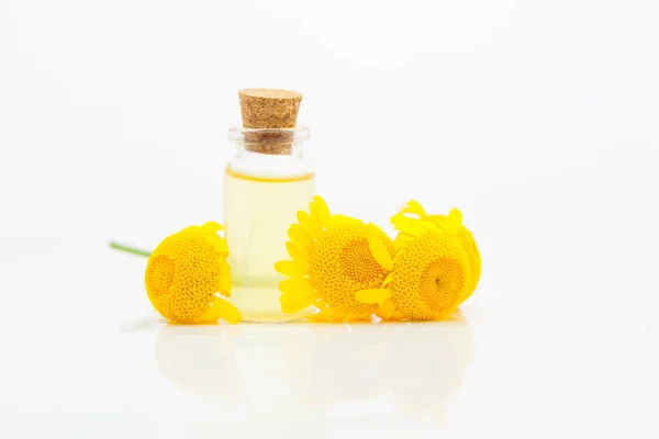 Esencia de flores de Camomille amarillas en la mesa en hermoso vidrio — Foto de Stock