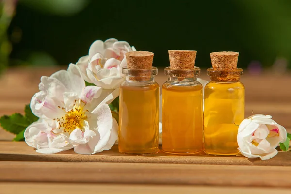 Esencia de flores sobre fondo blanco en hermoso frasco de vidrio — Foto de Stock