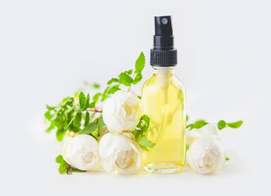 Güzel cam şişe içinde beyaz zemin üzerine gül özü