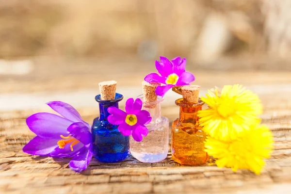 Aceite esencial de coco en una hermosa botella en la mesa — Foto de Stock