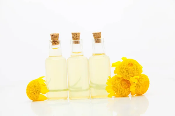 Essência de flores de camomila amarela na mesa em belo vidro — Fotografia de Stock