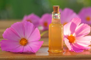 Çiçeklerin özü güzel bir cam şişede masanın üzerinde.