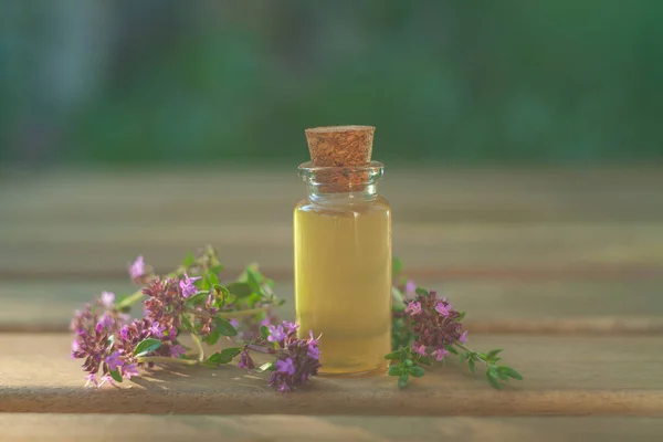 Aceite esencial de tomillo en una hermosa botella en la mesa — Foto de Stock